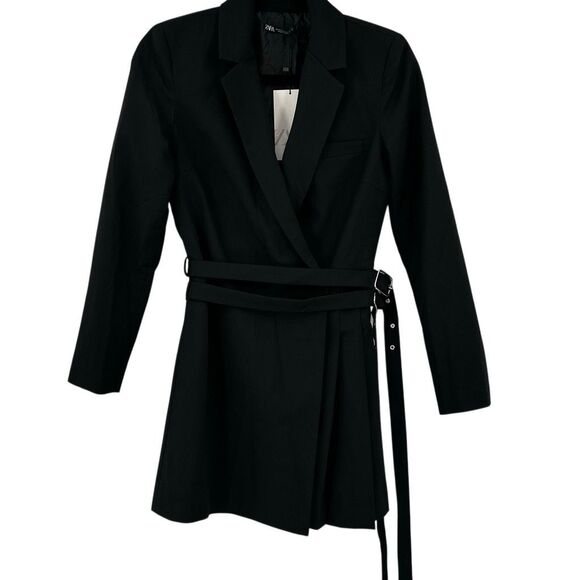 NWT Zara Black Box Pleat Belted Long Sleeve Collared Mini Blazer Dress Size XS - Picture 1 of 11